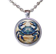 FAUX Stained Glass Style Blue Crab - Handmade ROUND Glass Pendant Necklace