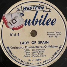 BLUEGRASS - PANCHO BAIRD'S GITFIDDLERS78 rpm JUBILEE 816  LADY OF SPAIN V+