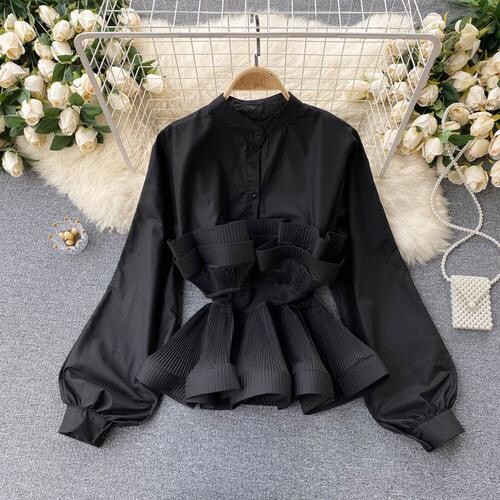 Women Ruffle Pleated Shirt Blouse Top Puff Sleeve Elegant Casual Fashion New - Picture 16 of 18