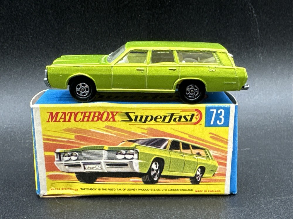 1970s Matchbox Superfast GREEN 73 Mercury Station Wagon in Box THIN Wheels Varia