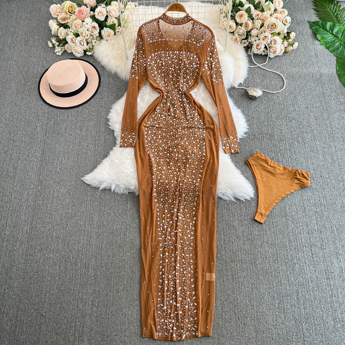 knee length dresses for ladies Dazzling Glam Long Sleeve Rhinestone Mesh Mini Dress