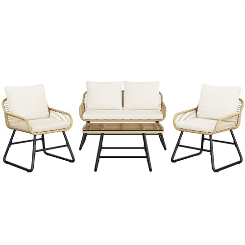 4-Piece Patio Furniture Set, Boho Loveseat & Armchairs, Glass Table, 2 Chairs - Picture 2 of 22