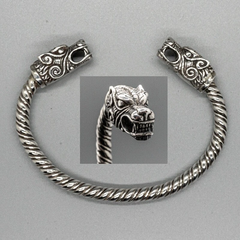 Celtic Wolf Head 925 silver torc bangle biker viking oath ring mjolnir pagan