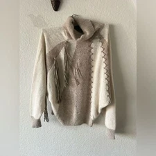 Vtg Silk Angora Sweater Fringe Pull Over Turtle Neck Soft Knit Faux Suede Large