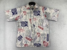 VINTAGE Go Barefoot Hawaiian Shirt Mens Large Gray Blue Red Hawaiian 90's Button