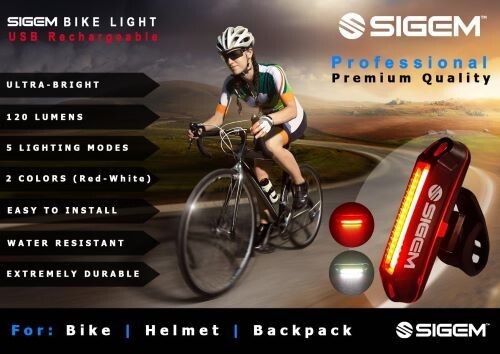 SIGEM Bike Light Set Ultra Bright, USB Rechargeable LED Headlight, Taillight - Picture 4 of 8