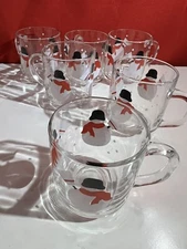 Set of Six Crate and Barrel  Luminarc  Snowman Clear Mugs /Coffee Cup