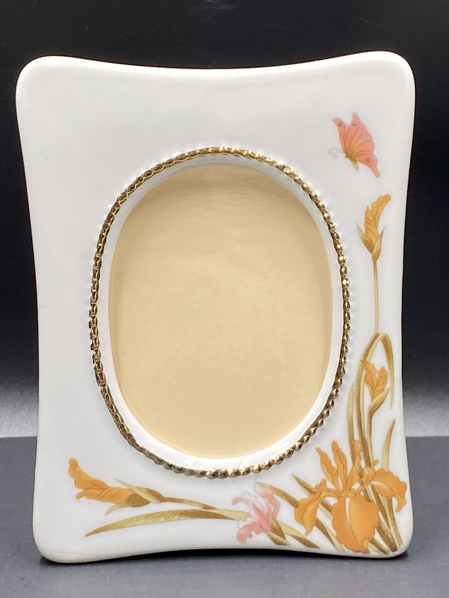 Vintage Porcelain Orange Iris Florals w/ Pink Butterfly PHOTO