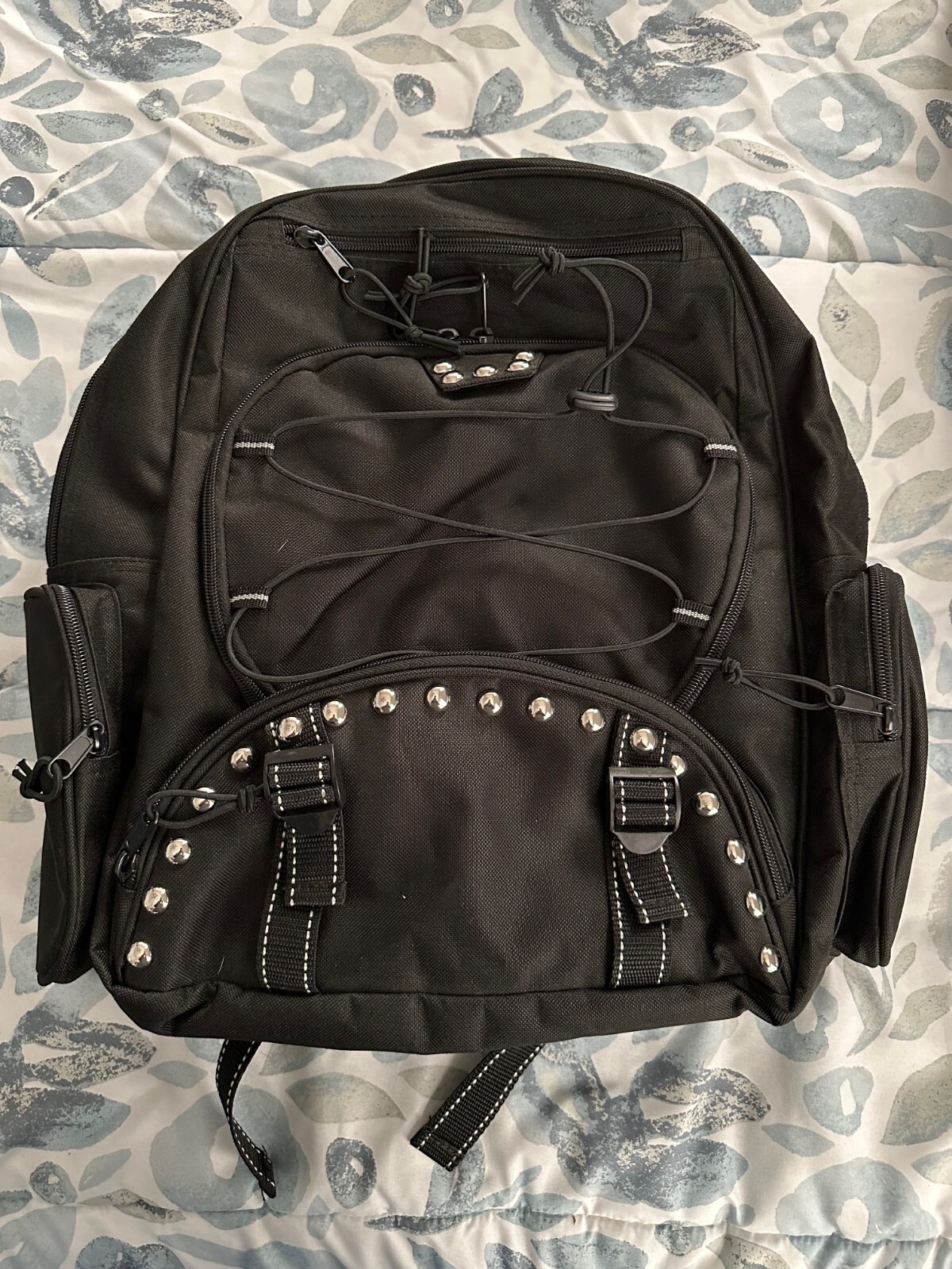 Studded Black Canvas Motorcycle Backpack with Large Main Compartment and 5 Pockets NWOT