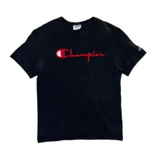 Early 00's CHAMPION Made In Honduras Embroidered Spellout Black T-Shirt Medium