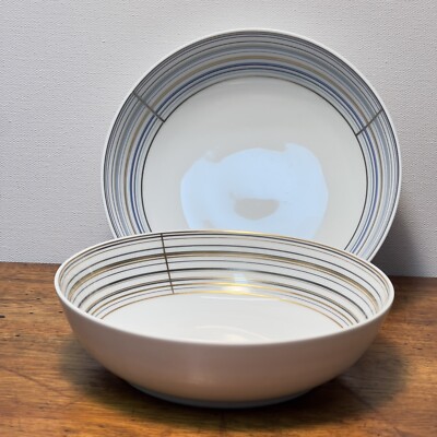 (2) Raynaud Attraction Breakfast Bowls 6 3/4  Limoges Porcelain Turquoise Gold 