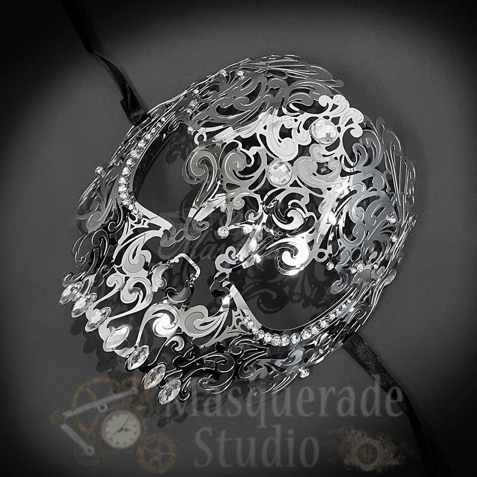 Womens Full Skull Phantom Day of the Dead Halloween Masquerade Mask [Silver] - Image 3 of 4