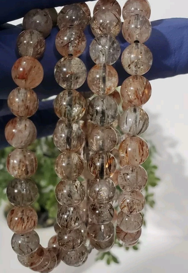 Natural Red & Blk Hair Copper Rutilated Quartz Clear Round 7mm Bead Bracelet 1pc - Image 3 of 4