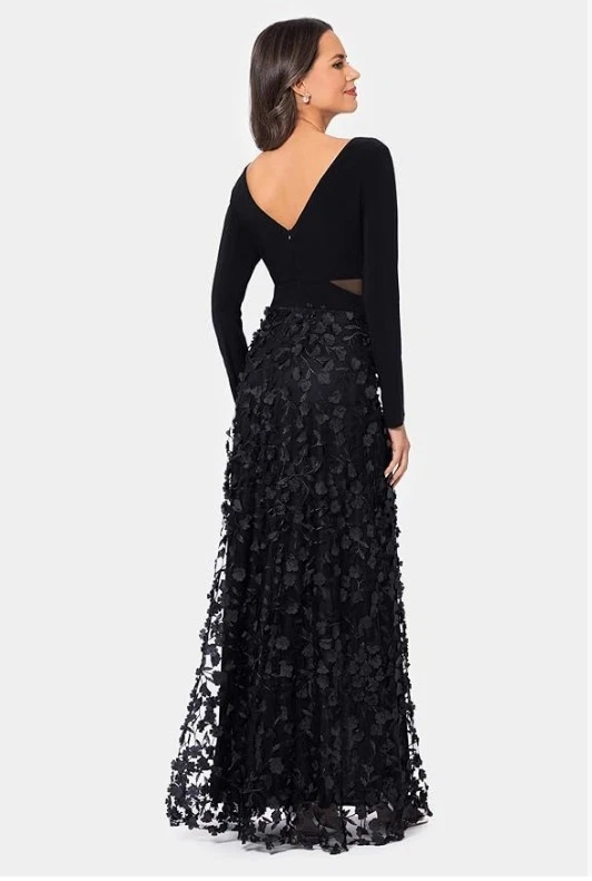 Vestido formal novo com etiquetas Xscape preto floral tamanho 14P manga longa malha cintura - Imagem 2 de 4