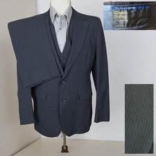 Vintage JCPenney 3 Piece Suit Mens 40L 30X33 Dark Navy Stripe Double Vented