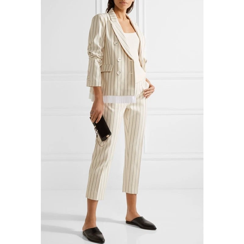 Victoria Victoria Beckham Striped Crop Pants Size 6 Cream Navy Straight Wool - Image 2 of 4