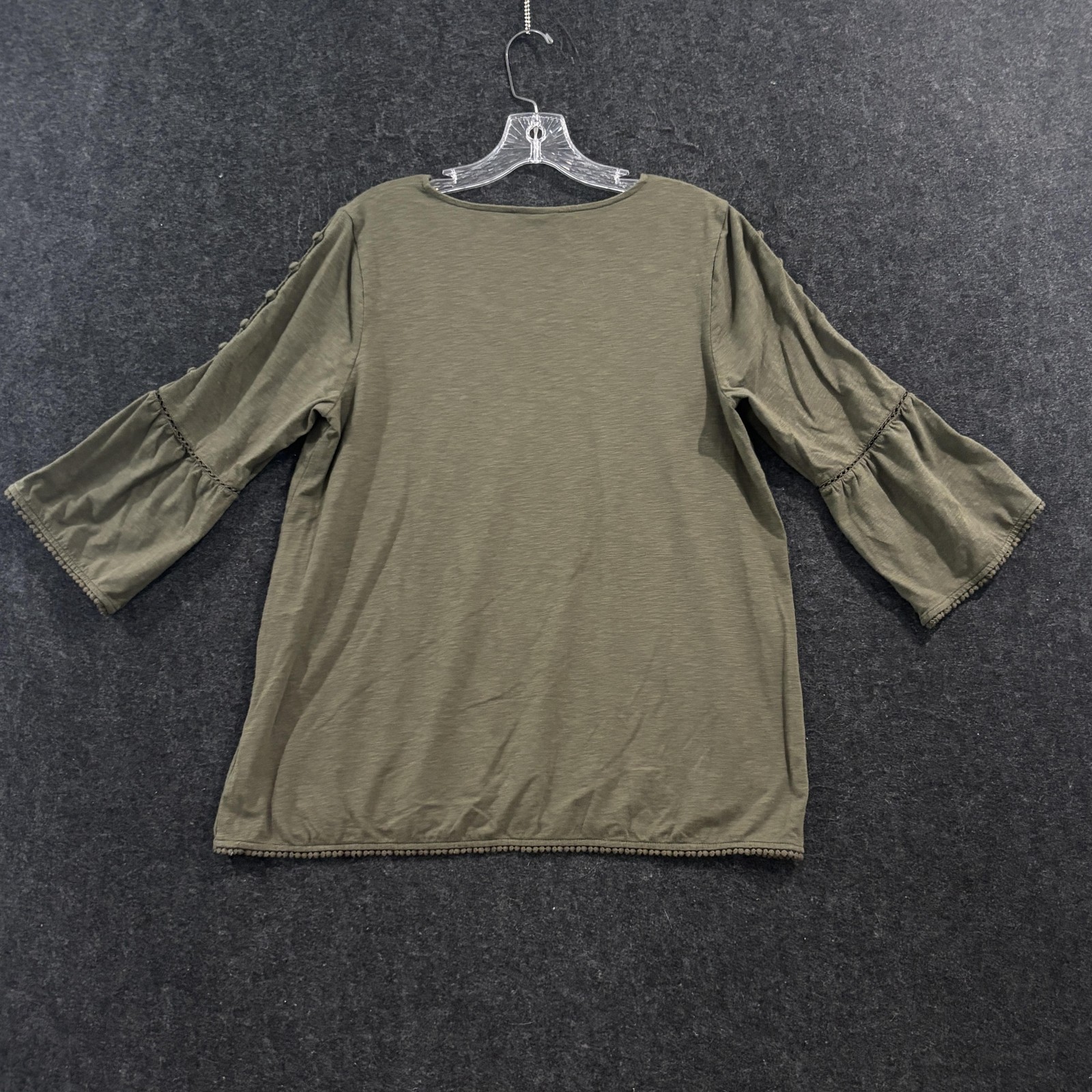 J Jill Shirt Women's Medium Moss Green V Neck Bell Sleeve Boho Cotton Top