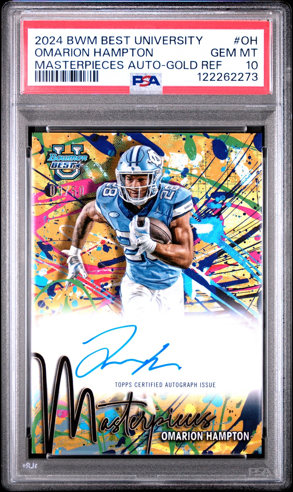 Omarion Hampton Los Angeles Chargers 2024 Bowman Best U Masterpieces Auto #OH Gold Ref 3/50 PSA 10 