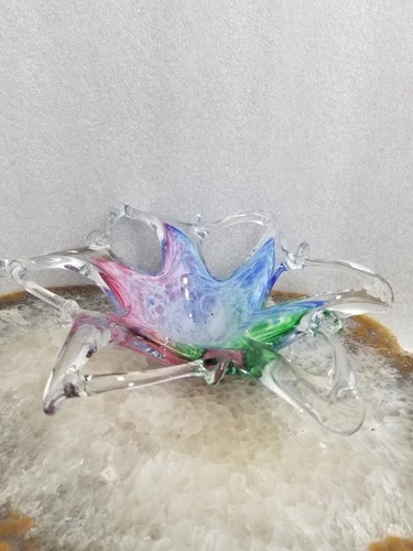 ARTE OF MURANO * Lavorazione Open Lace Bowl * Red Blue Green Spatter  10" * 0508