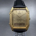 Seiko Analog Digital Watch Men 29mm Gold Dial Gold Tone Octagon H449-5230 NewBat