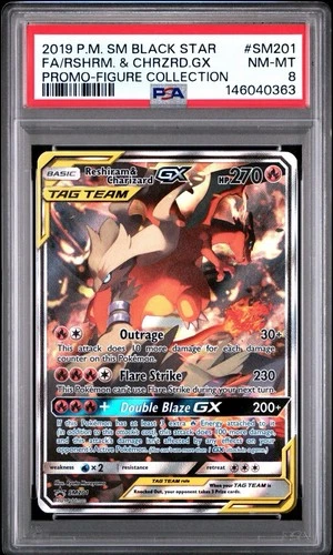 2019 POKEMON BLACK STAR PROMO SM201 FULL ART/RESHIRAM & CHARIZARD GX PSA 8