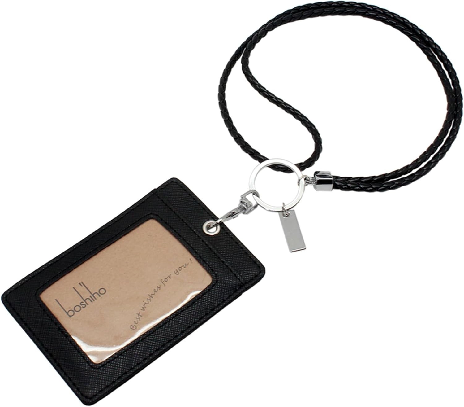 Boshiho Vertical Style Leather ID Card 4.5 x 3.1 inch, Black With Keychain 
