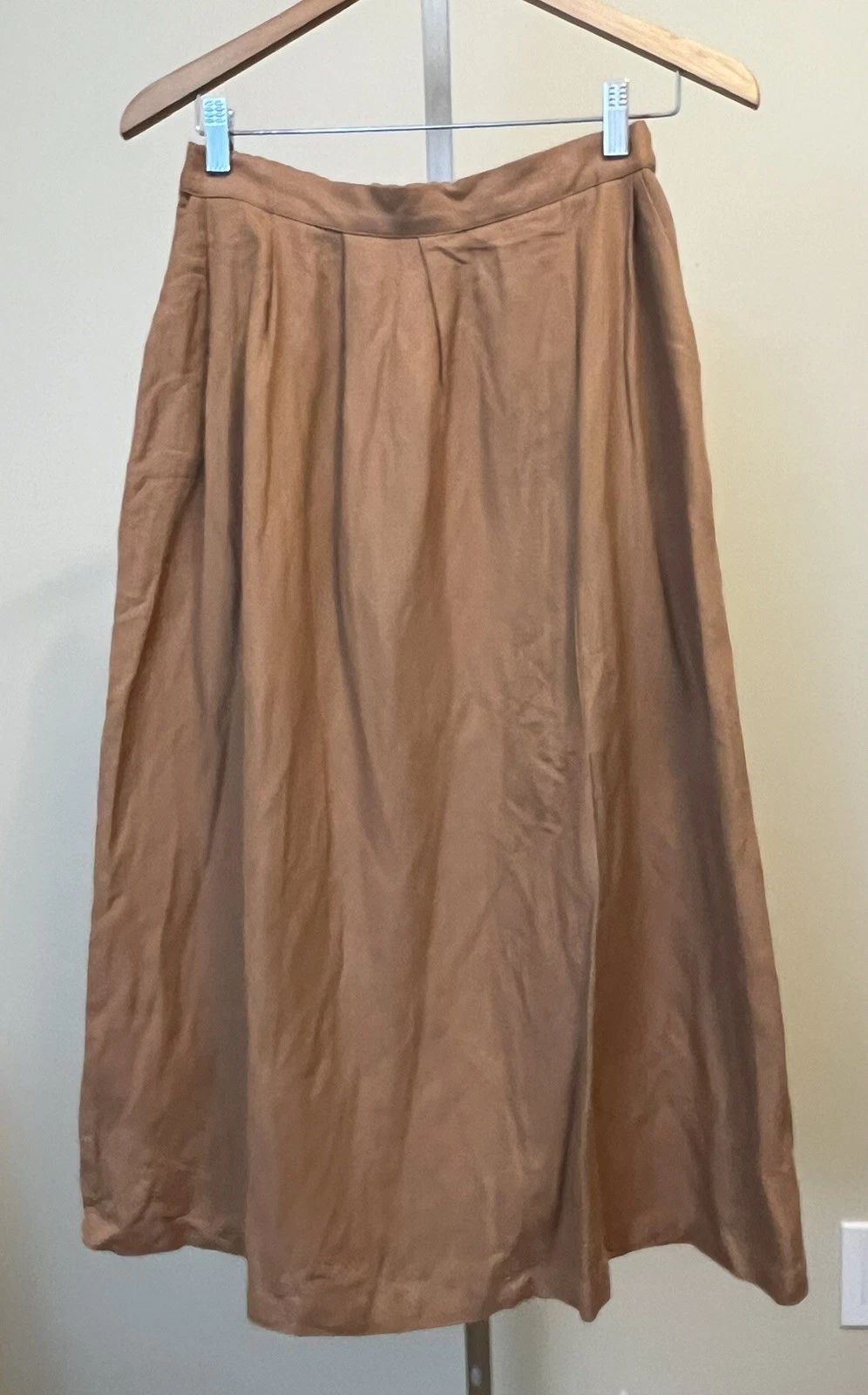 FIRST RITE Brown Pleated Skirt Size Small Linen Blend Pockets Front Side Slit