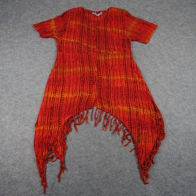 Nubian Queen Kaftan Dress Womens L Red Tribal Geometric Fringe Hem Boho African