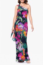 Xscape 6962X Floral One-Shoulder Chiffon Gown Sz 4 Green Multi 198