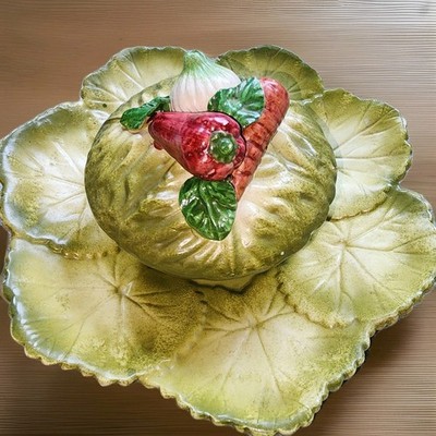 Vintage Walter Hatches Italian Pottery Cabbage Bowl Lid & Matching Leaf Plate 