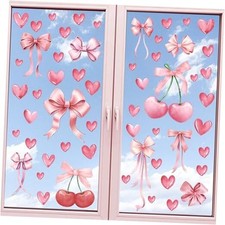 Pink Bow Heart Window Stickers, Red Cherry Hearts Window Clings Pink Bow Wall 