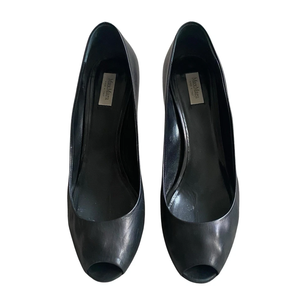 "Bombas Max Mara Open Peep Toe elegantes 9,5 EU 40 tacón de cuero negro 3"" hechas en Italia" Foto 2 de 4