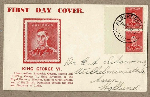 Australia 1938 Haslem KGVI 2d Die II Postional Pair FDC Albert Park Cover