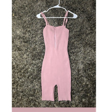 Pink Ribbed Knit Knee Length Bodycon Dress Sleeveless Square Neck Zip S