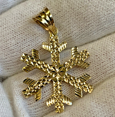 14K Gelbgold Schneeflocke Charm 1,14g feiner Schmuck Diamantschliff Winter Anhänger