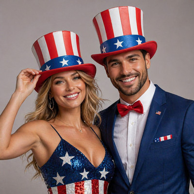 Uncle Sam Top Hat, Leather Material, Red Blue Color, Handmade Festival Style