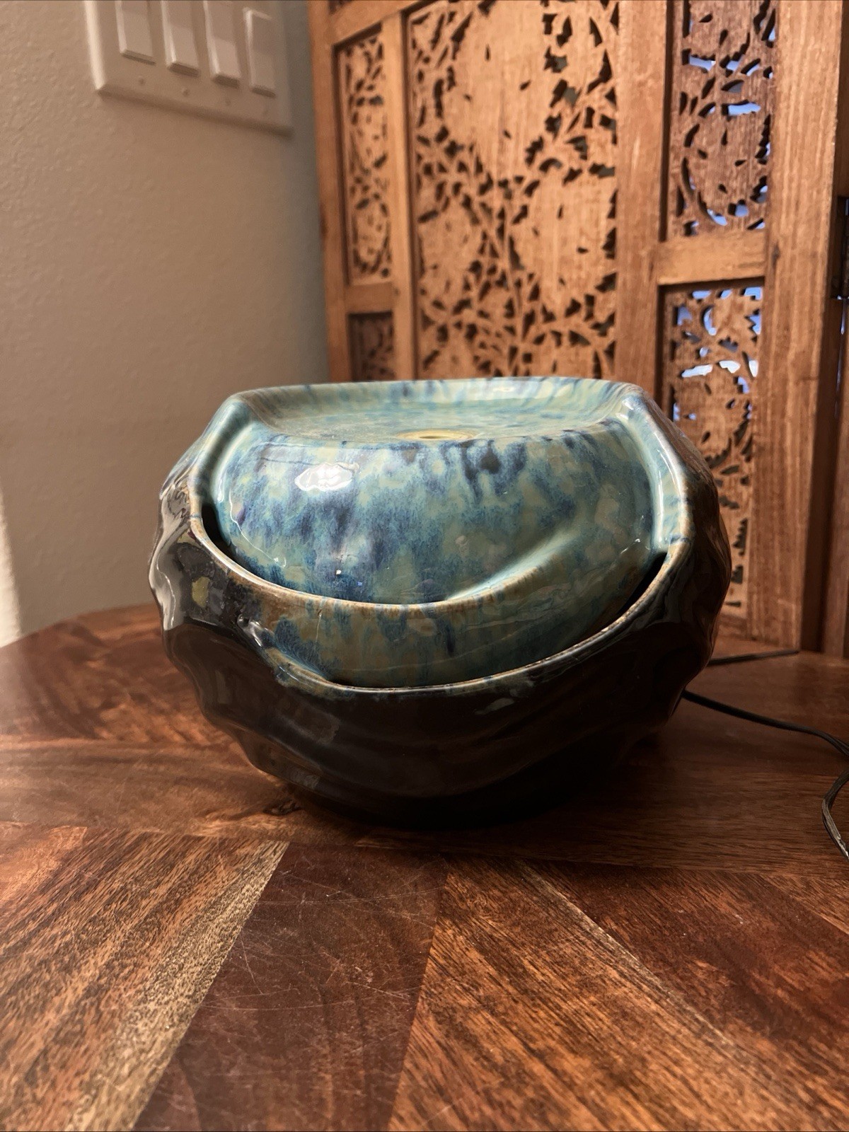 Ceramic Tabletop Cascading Fountain Electric Blue Glaze 7x10 Bubbling Indoor Out