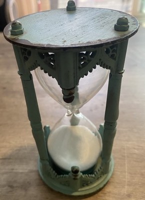 Vintage Hourglass Sand Timer Cast Iron Turquoise Antique  Hour Glass Patina