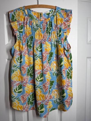 PLEIONE Womens XL  Cap Flutter Sleeve  Blouse Top Pleated Smock Key Hole Beach