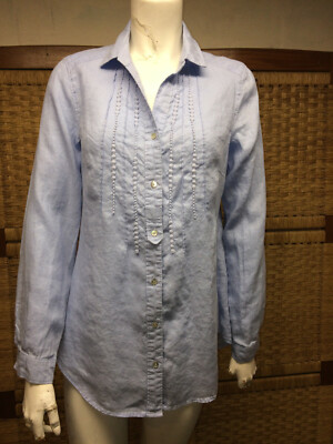 Malvin Hamburg Germany I Love Linen Blue Pintucks Placket Button Up Shirt Sz S