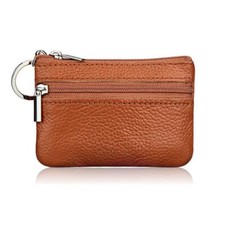 Brown Small Leather Coin Purse Change Pouch with Zipper and Key Ring