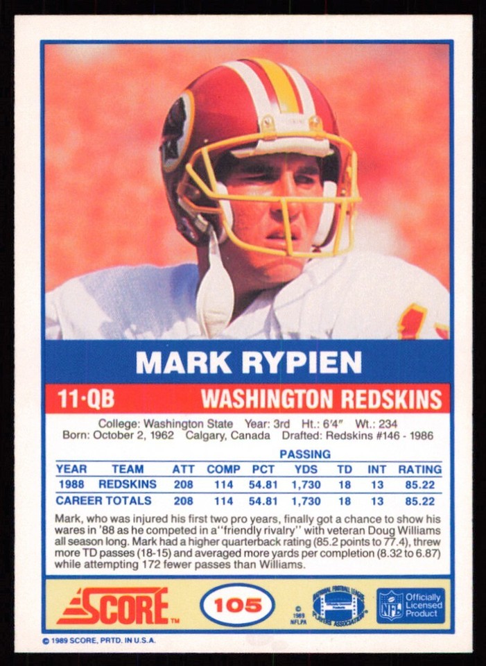 1989 Score Mark Rypien Rookie Washington Redskins #105 | eBay