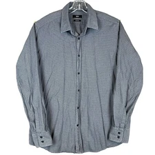 Hugo Boss Cotton Flannel Shirt Mens M Gray Houndstooth Regular Fit Button Up