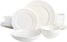Embossed Bone China Double Bowl Dinnerware Set, Service for 4 (16Pcs), White