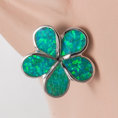 Plumeria Kiwi Green Fire Opal Silver Jewelry Stud Earrings - Picture 3 of 6