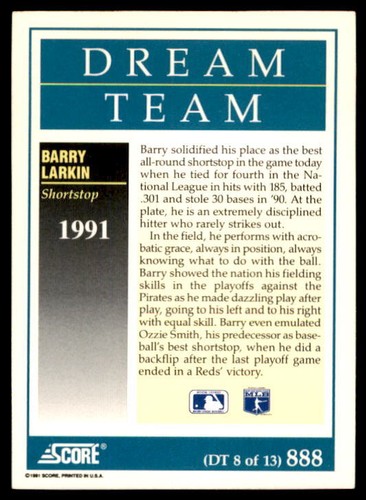 BARRY LARKIN 1991 SCORE #888 DREAM TEAM CINCINNATI REDS MINT - Picture 2 of 2