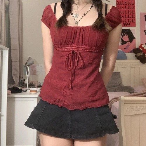 T-shirt donna elegante collo quadrato fiocco kawaii manica corta fata grunge crop top - Foto 13 di 27