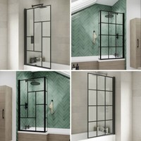 Designer Matt Black Bath Shower Screen Abstract Grid 6mm Safety Glass Bathroom