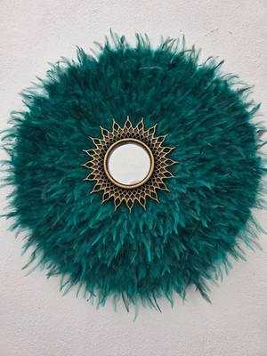 TEAL Handarbeit Feder Wandspiegel Boho Juju Stil 70 cm Statement Deko Unikat
