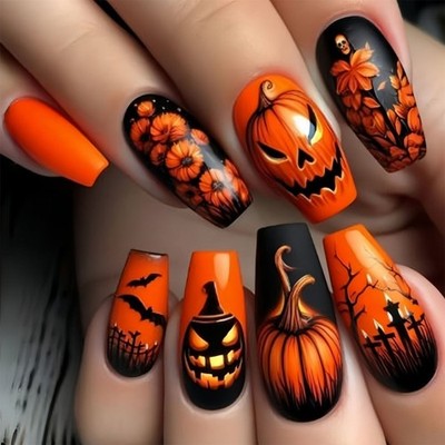 Ghostly Pumpkin Fake Nail For Women Halloween Party Creative Nail Art Long Last